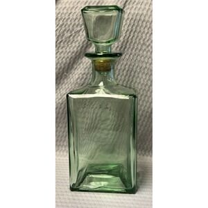 Vintage MCM Green Glass Decanter with Stopper Square Barware Collectibles 10"